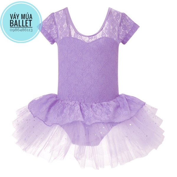 Váy múa phối ren bèo sao tay ngắn (hồng, tím, đen)