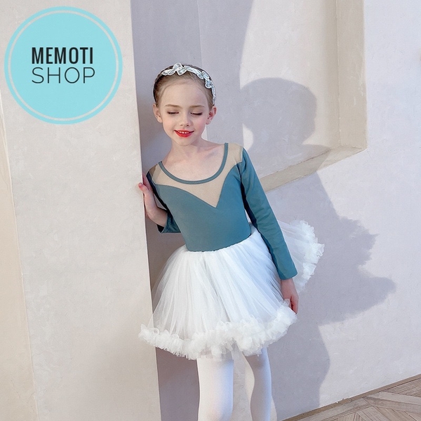 Set áo váy múa V lưng tutu dài tay (đen, ghi)