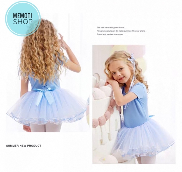 Váy múa đan lưng nơ tay ngắn (tím, xanh)