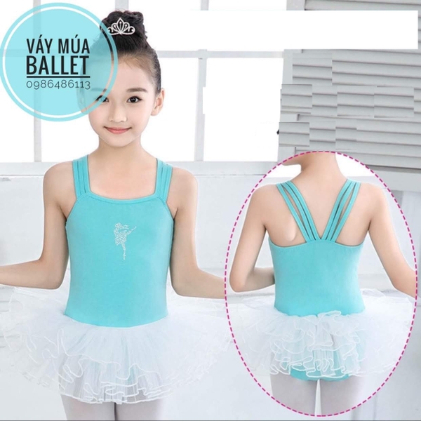 Set áo váy múa 2 dây kép xanh phối trắng