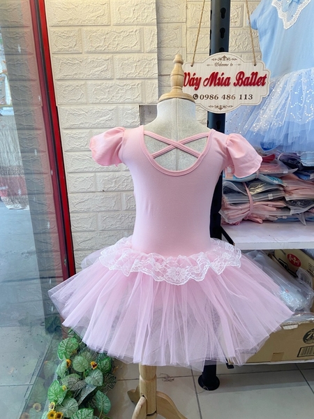 Váy múa phối ren ngực bèo tay búp (hồng, xanh, vàng)