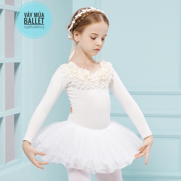 Váy múa cổ hoa ngọc dài tay (hồng, trắng, tím)