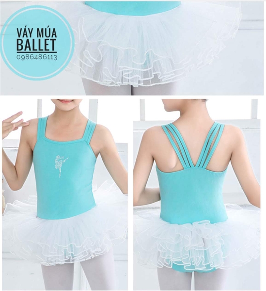 Set áo váy múa 2 dây kép xanh phối trắng