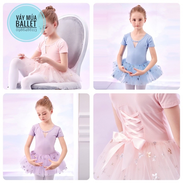 Váy múa đan lưng sao to tay ngắn (hồng, tím, xanh)