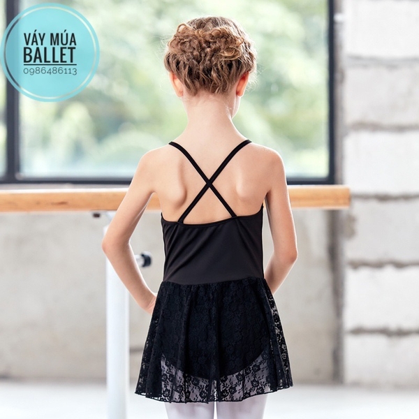 Váy tập múa 2 dây phối ren chéo (hồng, đen)