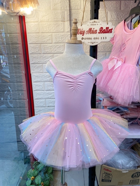 Váy múa 2 dây nơ lưng cầu vồng (vàng, hồng)