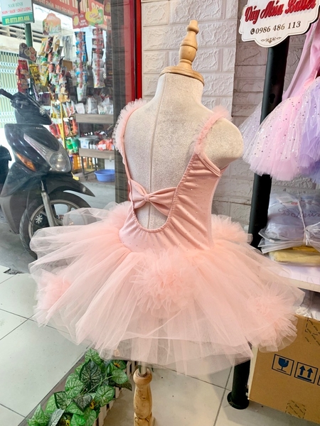 Váy múa cotton đá dây voan hoa bồng