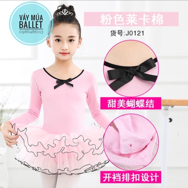 Set Váy múa phối viền đen dài tay màu hồng, đỏ đô