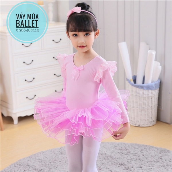 Váy múa tiên dài tay phối màu trắng, hồng