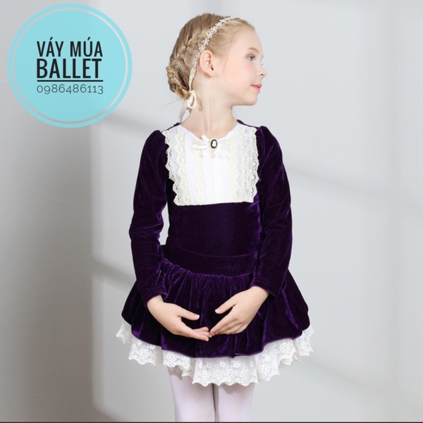 Set áo váy múa nhung cổ điển dài tay (tím, hồng)