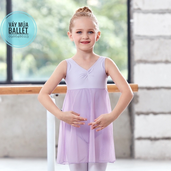 Váy tập múa ba lỗ phối voan dài thân (tím, xanh, hồng, đen)