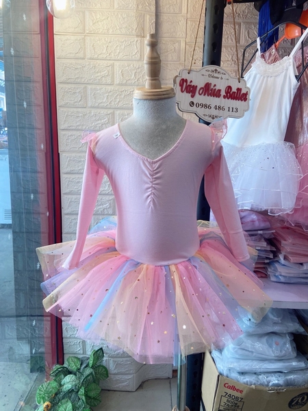 Váy múa tiên dài tay cầu vồng hồng