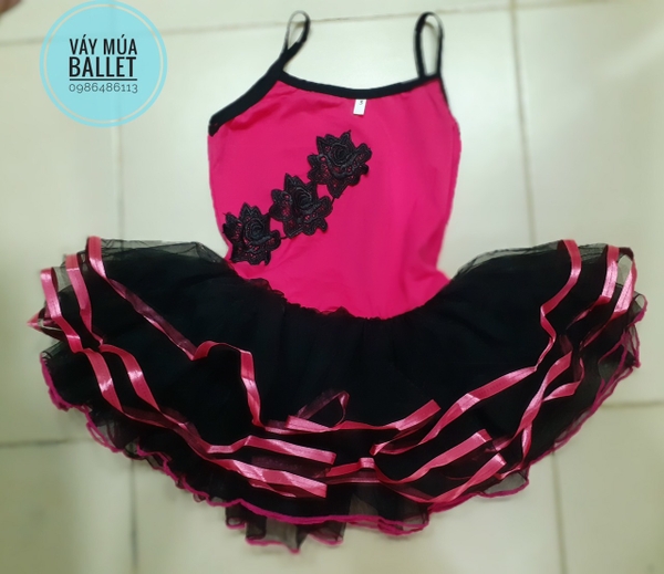 Váy múa 2 dây hồng phối đen hoa ren