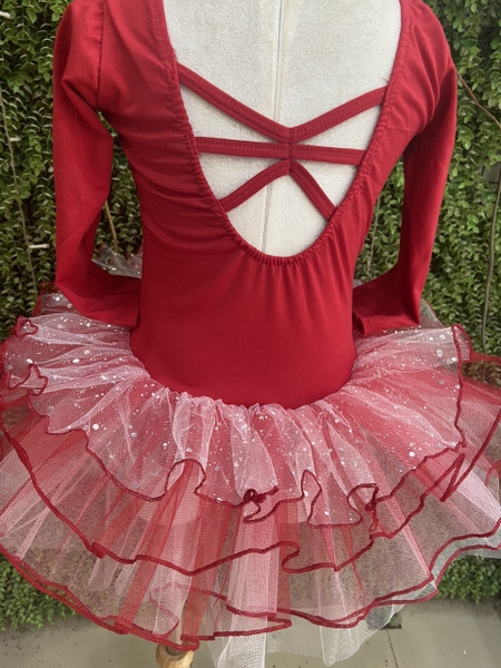 Váy múa đan lưng lấp lánh đỏ đô dài tay