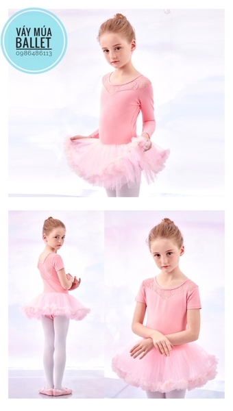 Váy múa phối ren tutu dài (hồng đỏ, hồng cam)