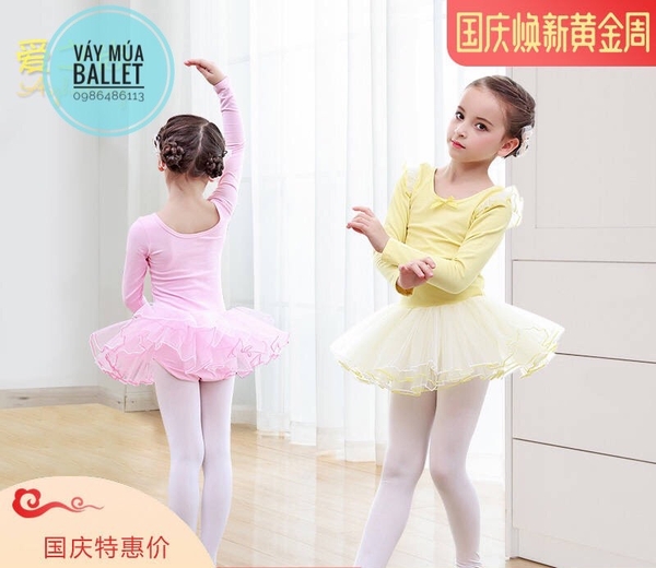 Váy múa tiên dài tay màu hồng, xanh coban, vàng, hồng đậm