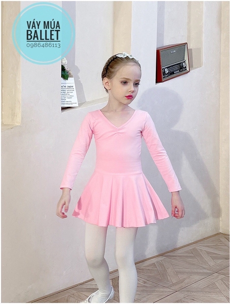 Váy tập múa cotton nơ lưng dài tay hồng