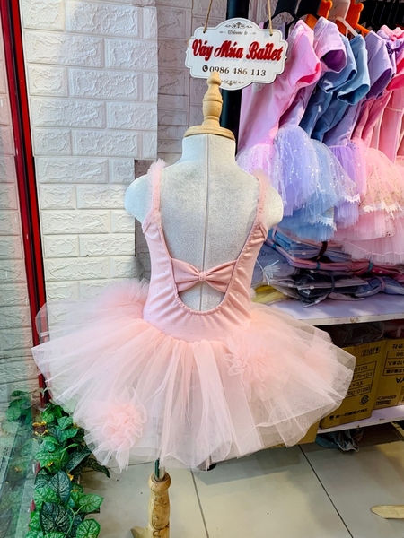 Váy múa cotton đá dây voan hoa bồng