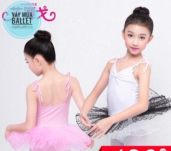 Váy múa 2 dây chấm bi hồng