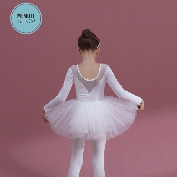 Set áo váy múa V lưng dài tay trắng