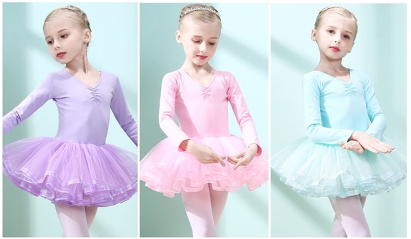 Váy múa nơ lưng viền dài tay (tím, hồng, xanh)