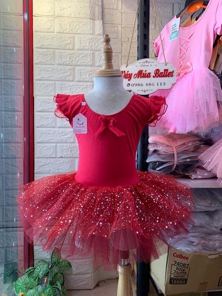 Váy múa tay tiên đỏ đô nhũ lấp lánh