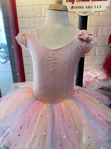 Váy múa tay tiên thun lấp lánh cầu vồng hồng