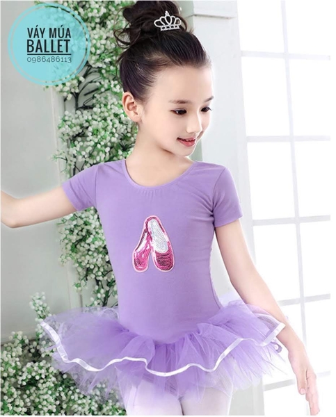 Váy múa kimsa giày tay ngắn màu hồng, tím