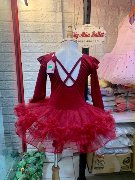 Váy múa thun nhũ tiên tutu đỏ đô dài tay