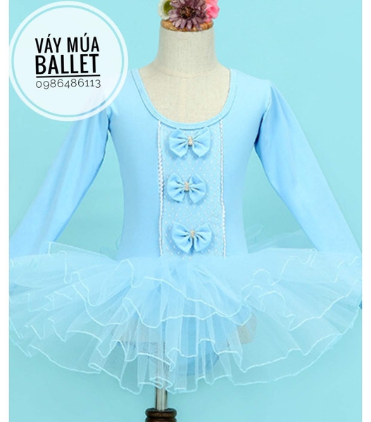 Váy múa 3 nơ dài tay màu xanh