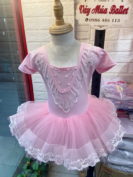 Váy múa ren V ngực viền ren ngắn hồng