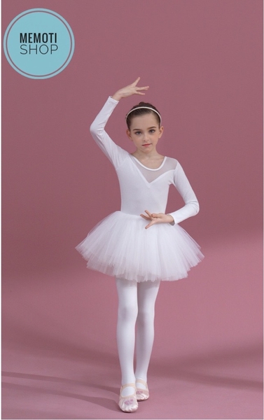 Set áo váy múa V lưng dài tay trắng