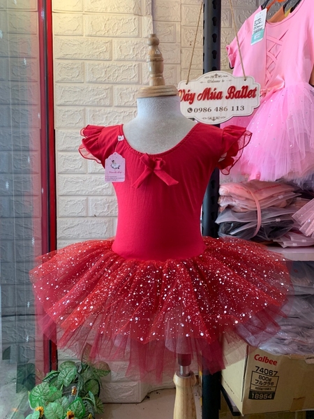 Váy múa tay tiên đỏ đô nhũ lấp lánh