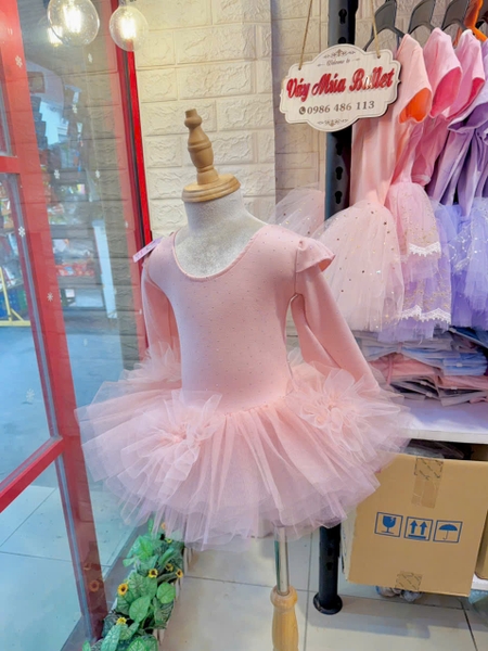 Váy múa tiên dài tay cotton đá hoa bồng