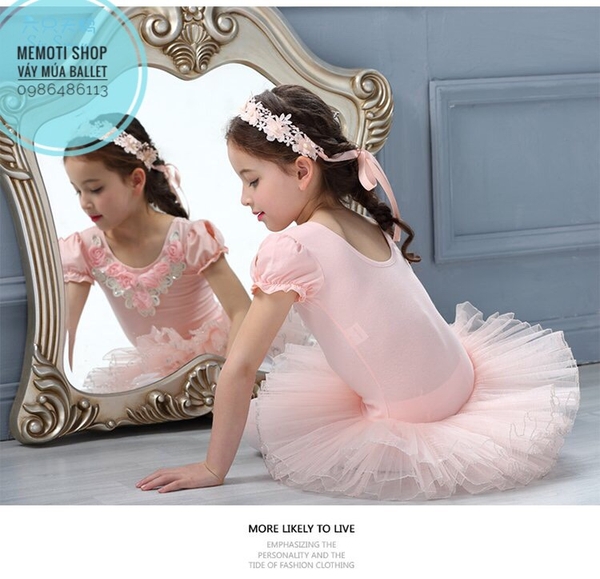 Váy múa cổ hoa hồng tay búp xẻ (hồng, kem nude)