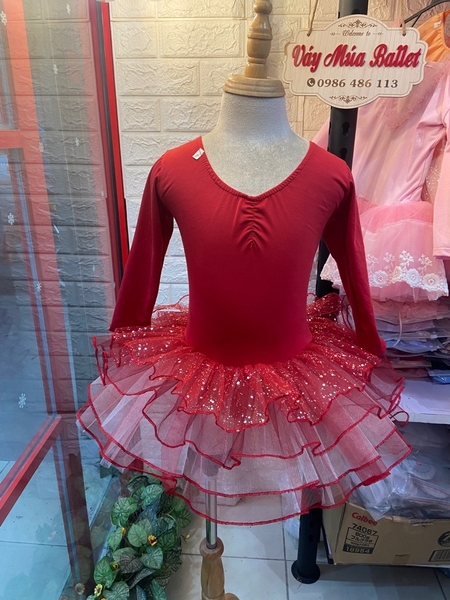 Váy múa đan lưng lấp lánh đỏ đô dài tay