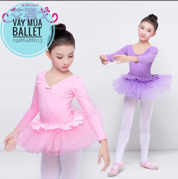 Váy múa bèo xoè dài tay màu tím