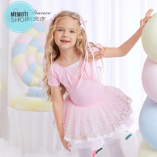 Váy múa đáp ngực phối chân ren tay ngắn (tím, xanh, hồng)