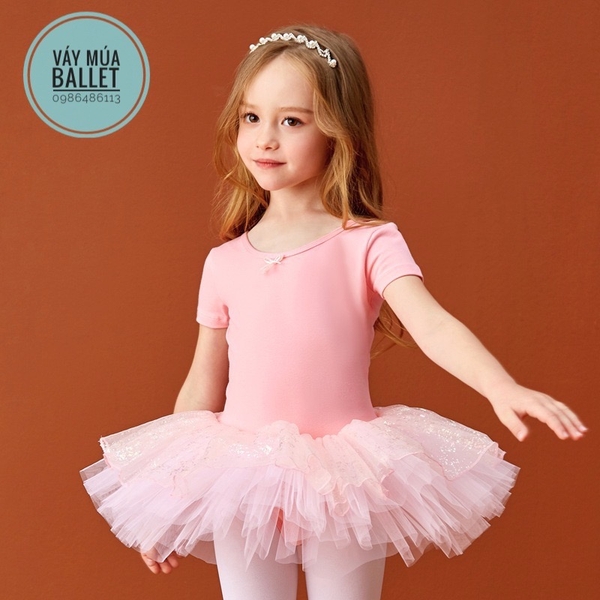 Váy múa đan lưng lấp lánh tay ngắn (tím, xanh, hồng)