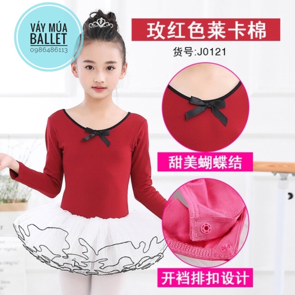 Set Váy múa phối viền đen dài tay màu hồng, đỏ đô
