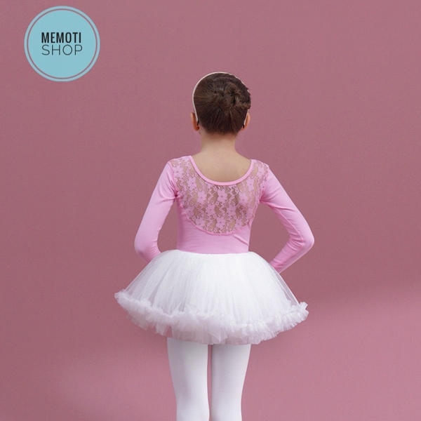 Set áo váy múa phối ren tutu dài tay trắng