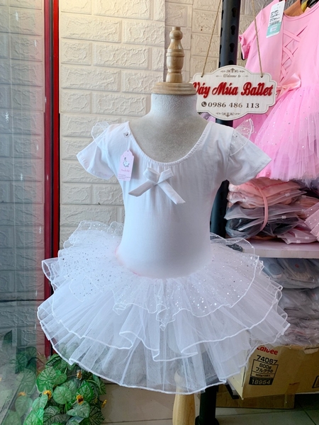 Váy múa tiên tay ngắn von lấp lánh trắng