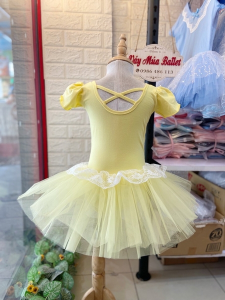 Váy múa phối ren ngực bèo tay búp (hồng, xanh, vàng)