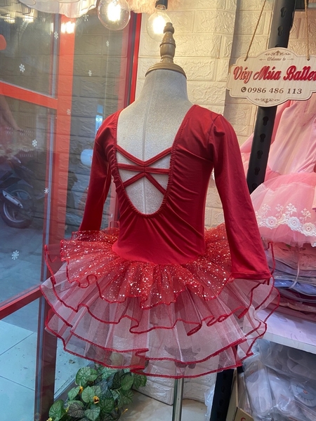 Váy múa đan lưng lấp lánh đỏ đô dài tay