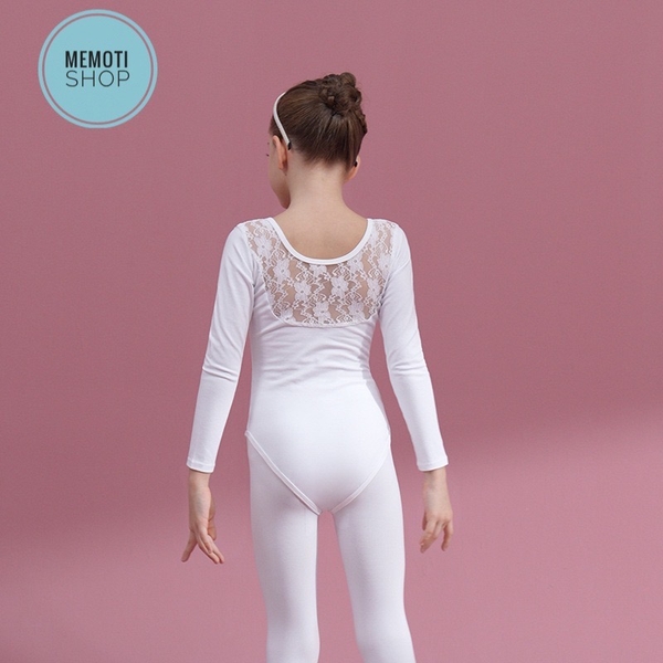 Set áo váy múa phối ren tutu dài tay trắng