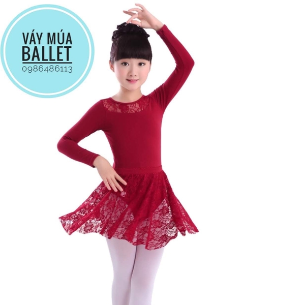 Set áo váy múa phối ren dài tay đỏ đô