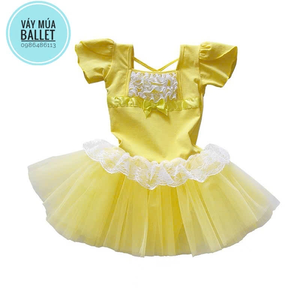 Váy múa phối ren ngực bèo tay búp (hồng, xanh, vàng)