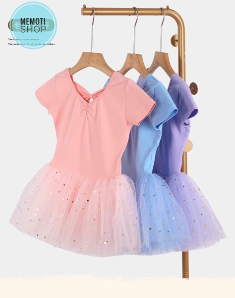 Váy múa nơ lưng sao tay ngắn (tím, xanh, hồng)