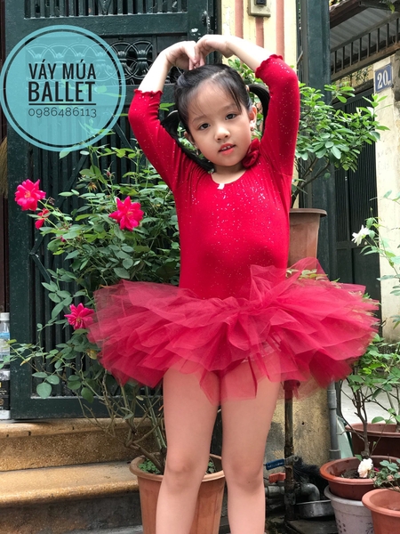 Váy múa cổ tròn tay lỡ đỏ đô