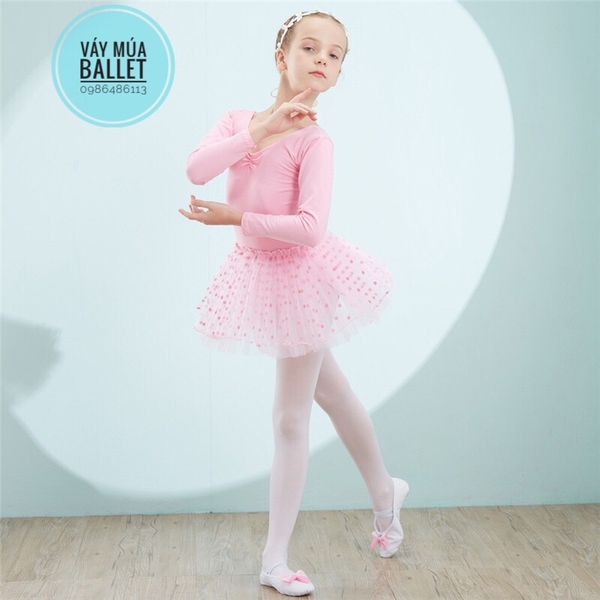 Váy múa basic chân váy chấm bi dài tay (đen, hồng, tím)